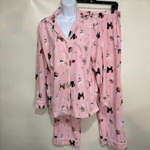 PajamaGram M Pink Kitty in Paris Brushed Cotton Pajamas Top Pants Set